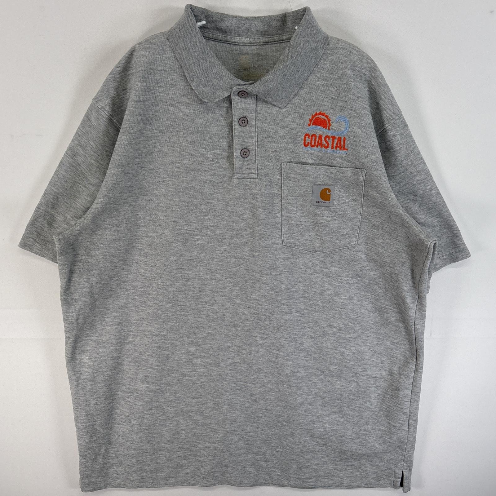 古着 カーハート Carhartt 半袖 ポロシャツ ワンポイント ロゴ 胸ポケ 企業ロゴ L  グレー 無地 メンズ