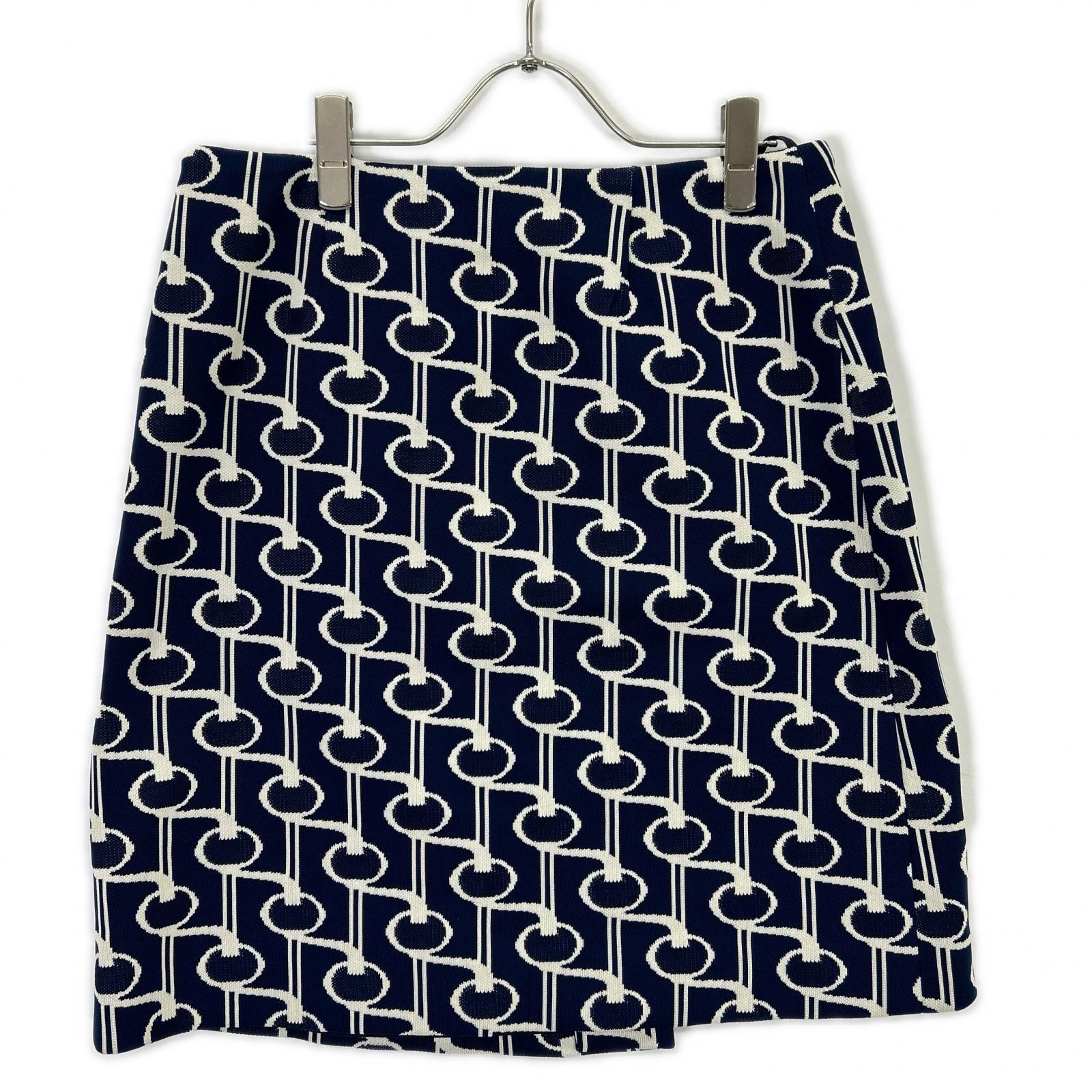 プラダ P114P 19年 ブルー×ホワイト トライアングルロゴプレート ニットジャガード総柄ラップスカート 40