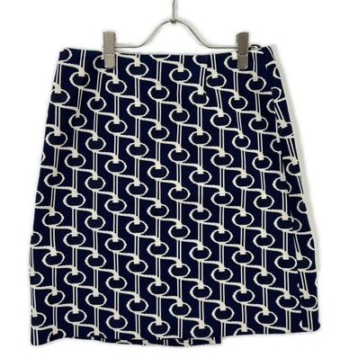 プラダ P114P 19年 ブルー×ホワイト トライアングルロゴプレート ニットジャガード総柄ラップスカート 40