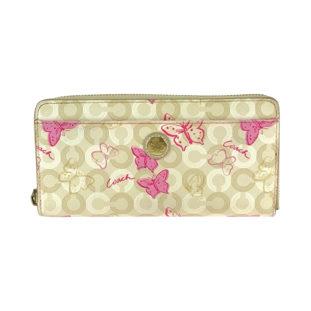 COACH コーチ バタフライ ベージュ ピンク ゴールド金具 PVC 長財布 ラウンドファスナー 600352 【中古】