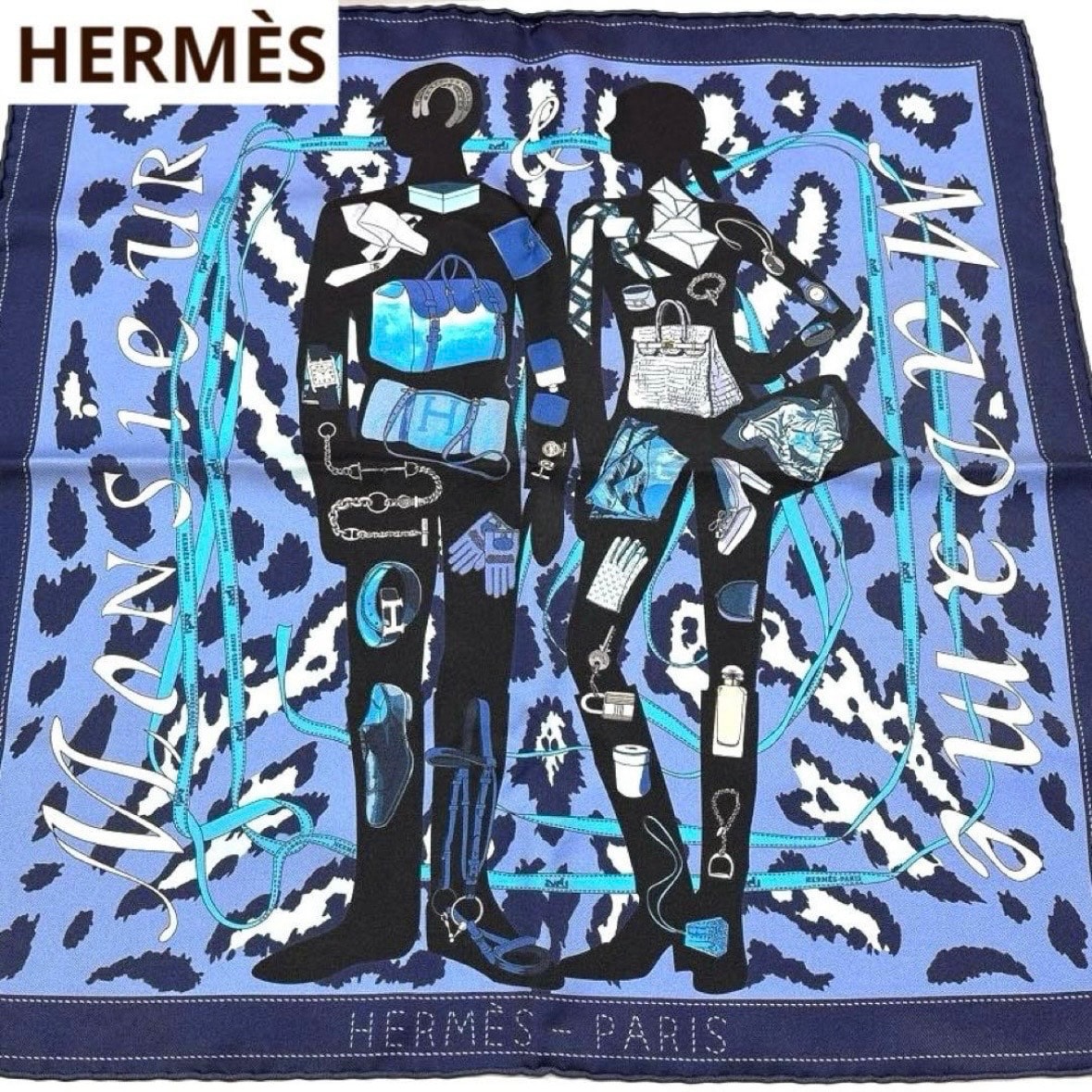 エルメス HERMES カレ45 ムッシュー&マダム シルク スカーフ ネイビー 紺 箱タグ付 プチカレ 正規品 レディース 豹柄 ブルー 乗馬 シルク100% バンダナ バッグスカーフ ギフト プレゼント