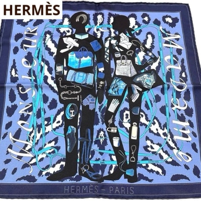 エルメス HERMES カレ45 ムッシュー&マダム シルク スカーフ ネイビー 紺 箱タグ付 プチカレ 正規品 レディース 豹柄 ブルー 乗馬 シルク100% バンダナ バッグスカーフ ギフト プレゼント