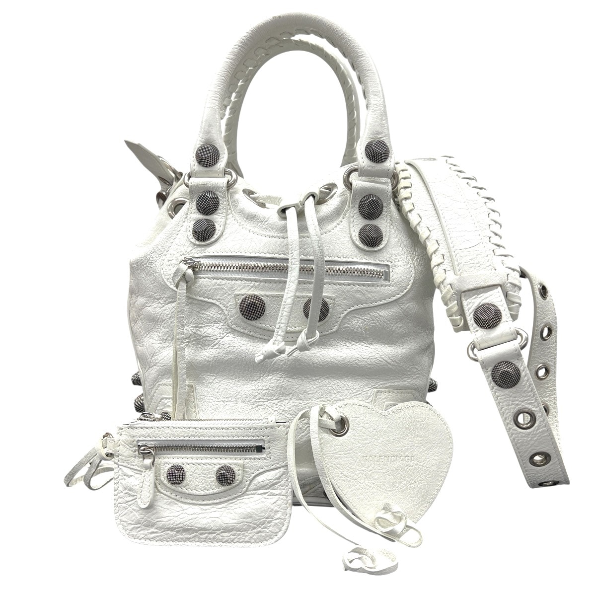 BALENCIAGA 希少 極美品 バレンシアガ Le Cagole ル カゴール スモール バケット バッグ 2way ショルダーバッグ 702432 レザー ホワイト クロスボディ 巾着 スタッズ ハート ミラー・ポーチ付属 Y2K Aランク 中古 鑑定済