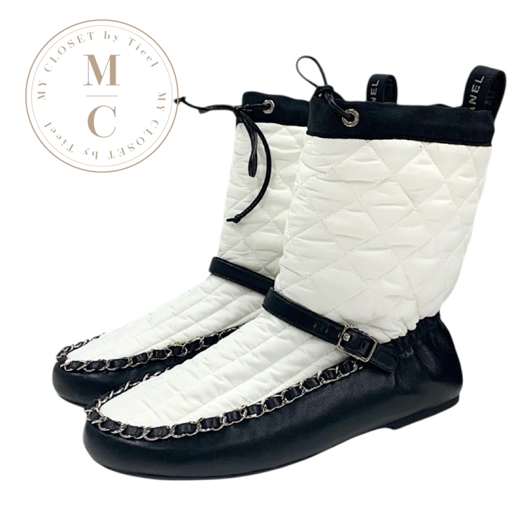 シャネル CHANEL ブーツ ショートブーツ 靴 シューズ ナイロン レザー ホワイト ブラック マトラッセ チェーン ベルト