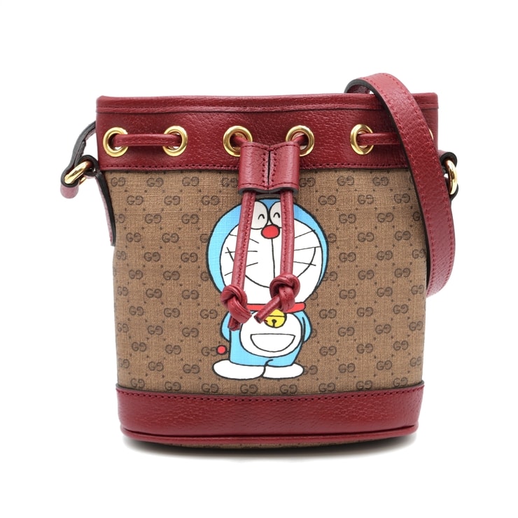 GUCCI(グッチ)ドラえもん コラボ GGスプリーム ミニバケットバッグ ショルダーバッグ 巾着バッグ レッド ブラウン レザー キャンバス ゴールド金具 レディース 647801【中古】