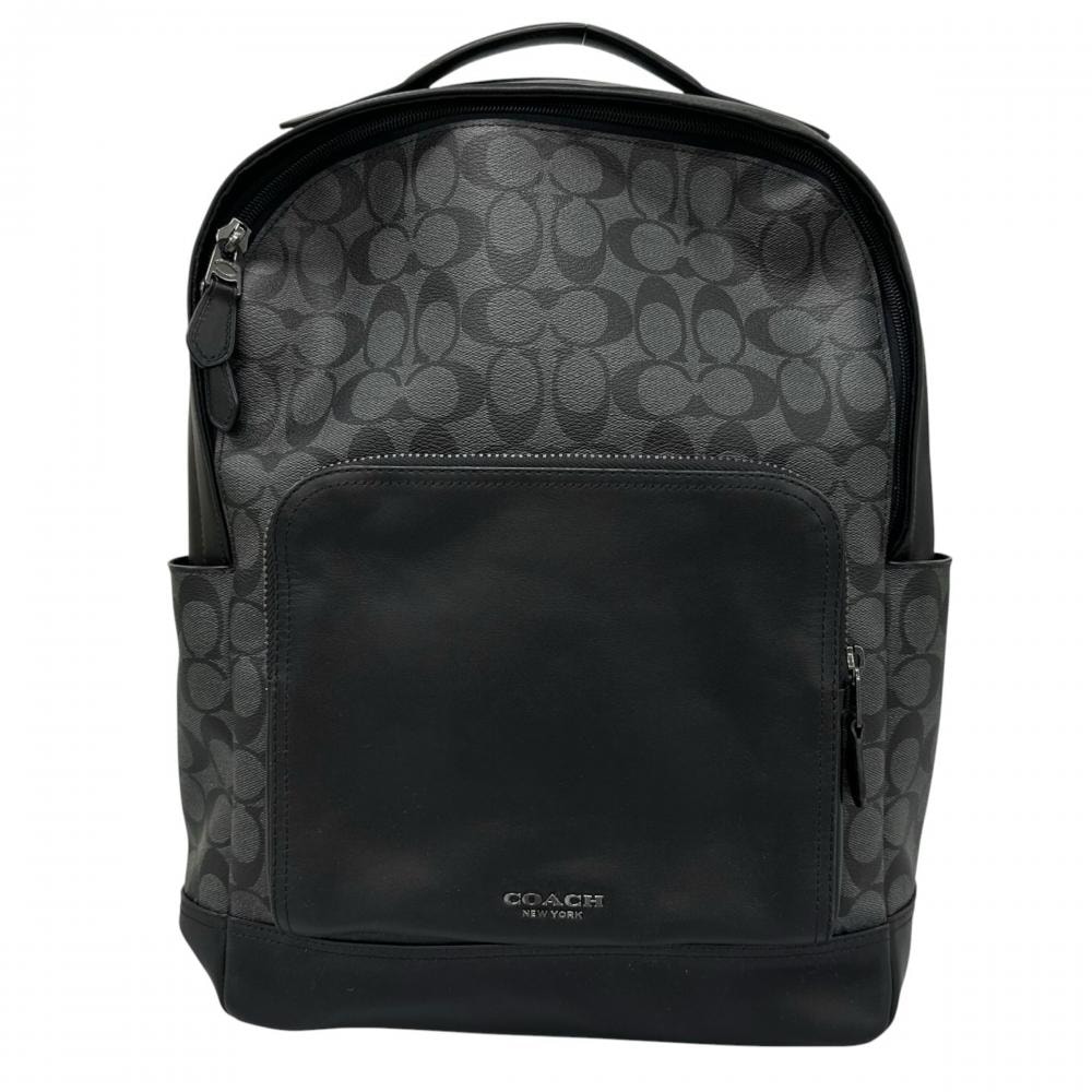 COACH コーチ リュック グラハム シグネチャー バックパック F38755 PVCコーティングキャンバス  レザー   ブラック 黒 ブラックシルバー金具 メンズ【中古品】
