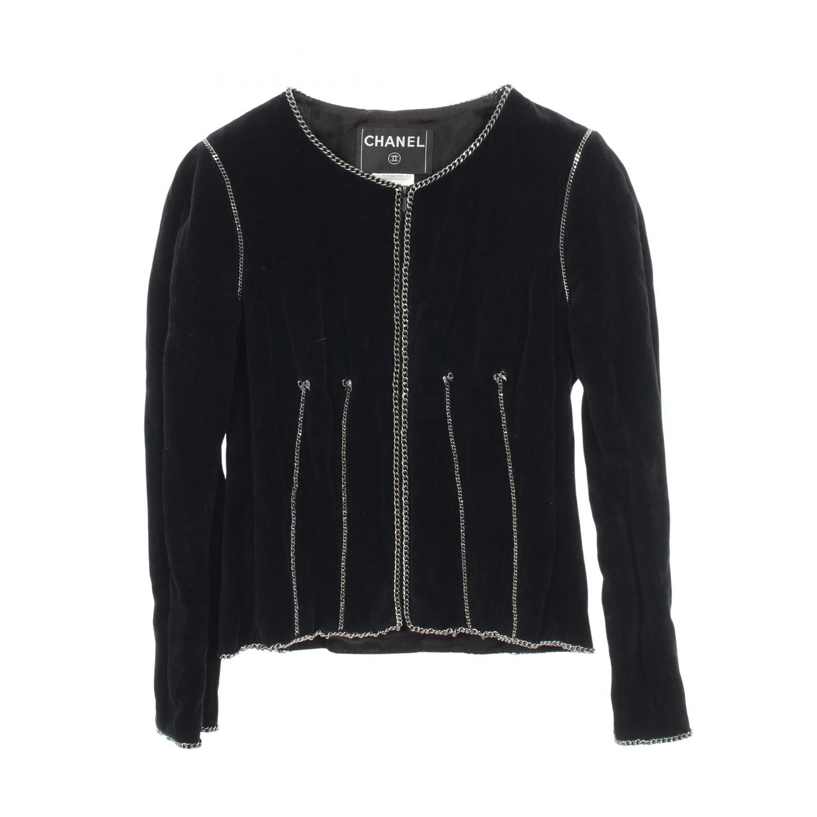 シャネル CHANEL ココマークボタン チェーン ノーカラージャケット 衣料品 アウター コットン レディース ネイビー系 P28906 【中古】