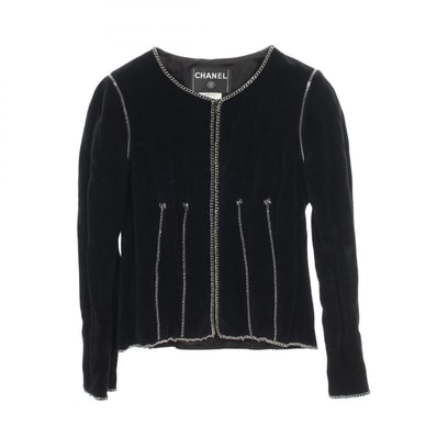 シャネル CHANEL ココマークボタン チェーン ノーカラージャケット 衣料品 アウター コットン レディース ネイビー系 P28906 【中古】