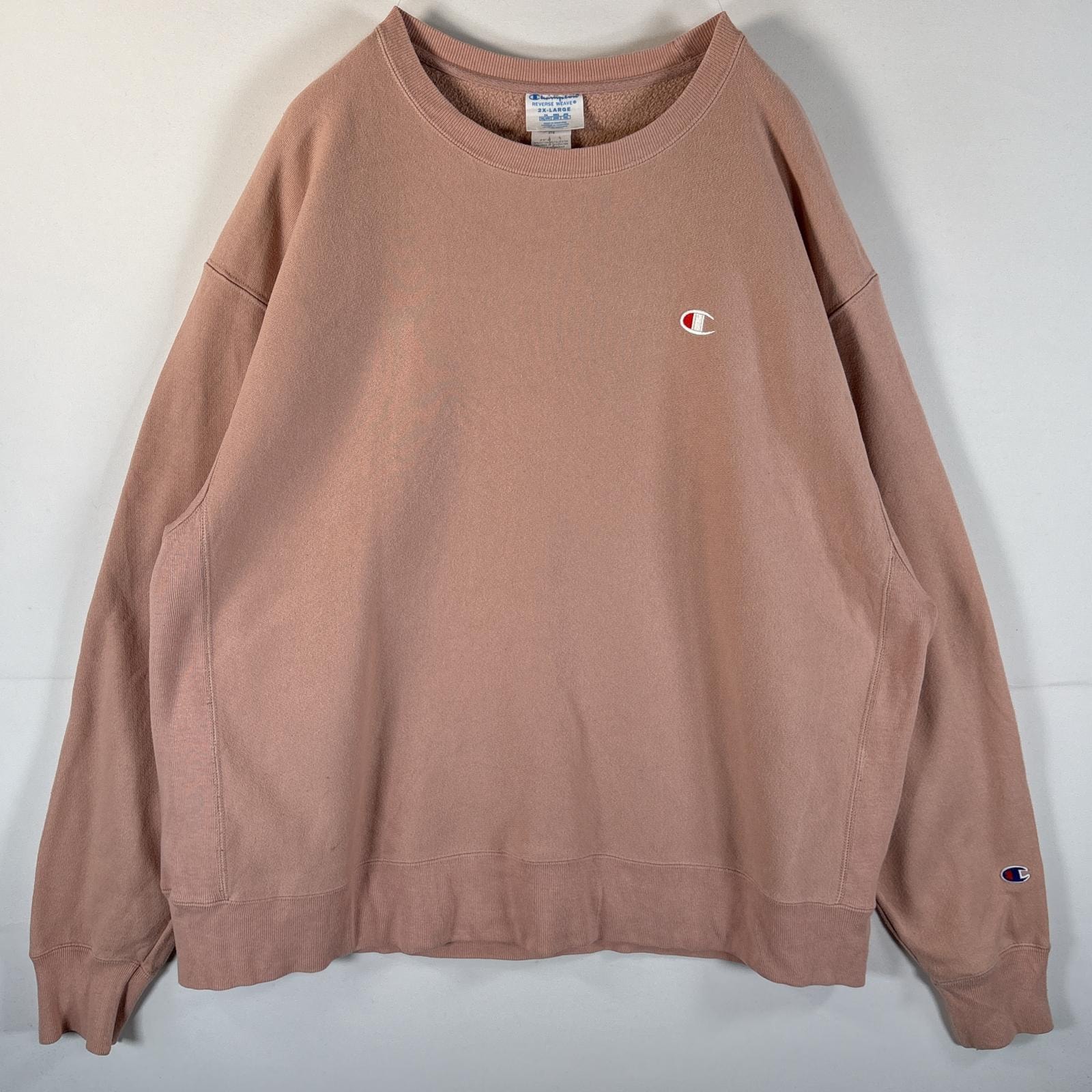 古着 チャンピオン Champion スウェット リバースウィーブ 復刻 ワンポイントロゴ刺繍 大きいサイズ 2X LARGE  ピンク系 メンズ