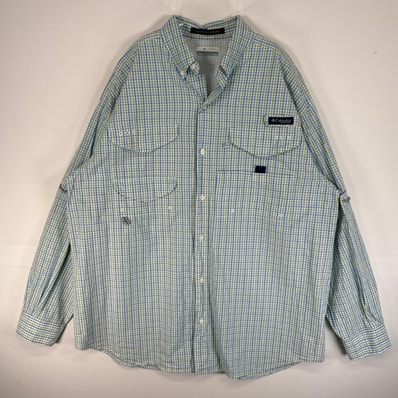 古着 コロンビア Columbia 長袖シャツ PFG フィッシングギア チェック ワンポイント ロゴ L 水色系 マルチカラー メンズ