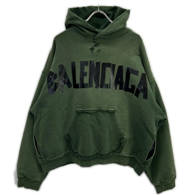 バレンシアガ 23年製 744441 カーキ Tape Type Ripped Pocket Hoodie S