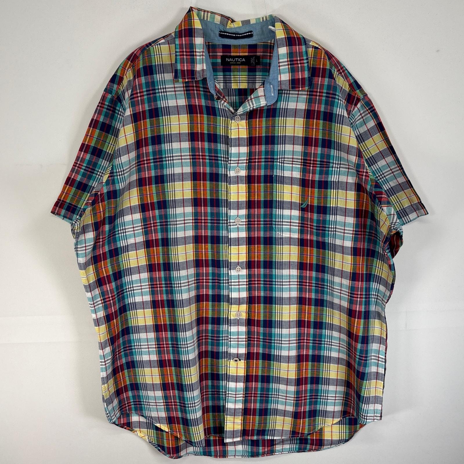 古着 ノーティカ NAUTICA 半袖シャツ ロゴ 刺繍 リネン 胸ポケ L マルチカラー マルチカラー メンズ