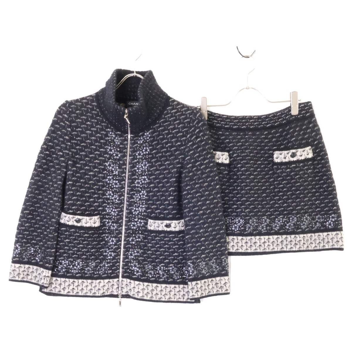 シャネル 美品 国内正規 P39234K02786、P39241 カシミヤシルク混 モヘヤニット ジップジャケット スカート セットアップ 36/42