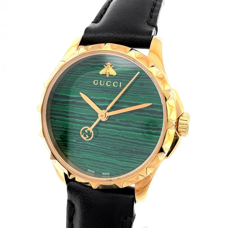 グッチ GUCCI 腕時計 Gタイムレス ビー 蜂 126.5 SS 革 QZ グリーン ゴールド レディース【鑑定済み】正規品