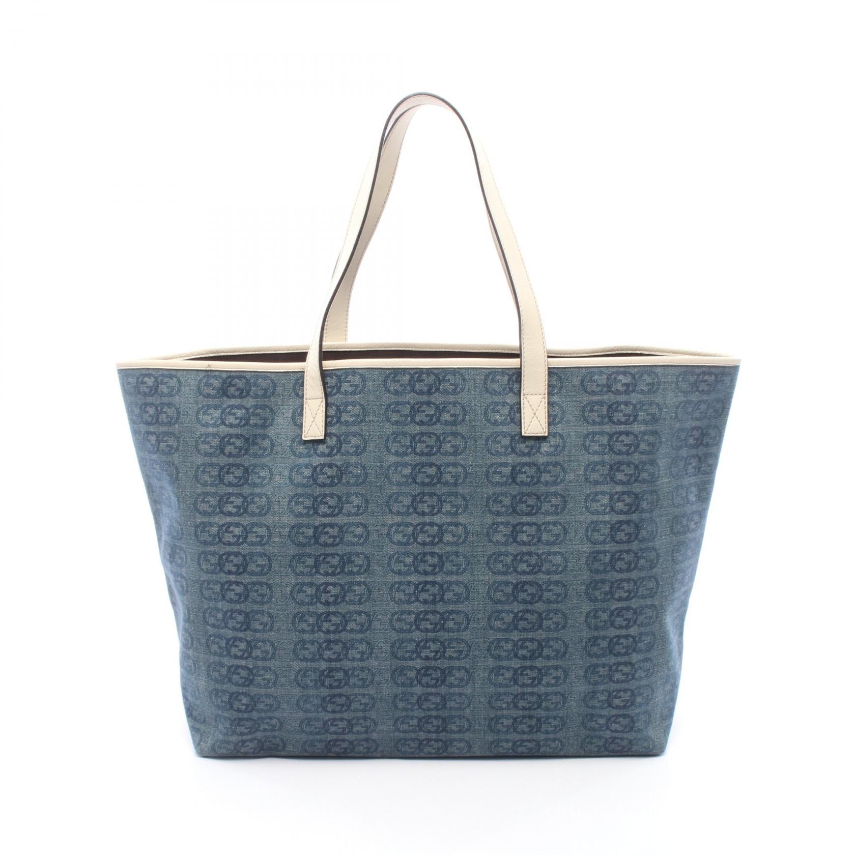 グッチ GUCCI インターロッキングG トートバッグ バッグ デニム レザー レディース ネイビー系 / ホワイト系 257245 【中古】