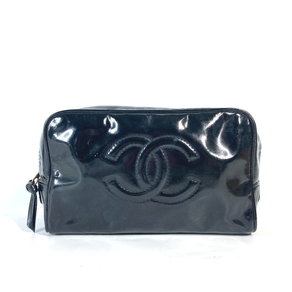 シャネル CHANEL CC ココマーク コスメポーチ メイクポーチ 化粧ポーチ エナメル ブラック