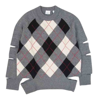 BURBERRY LONDON バーバリー ロンドン ニット アーガイル柄 カット アウト ニット セーター グレー系 M【中古】
