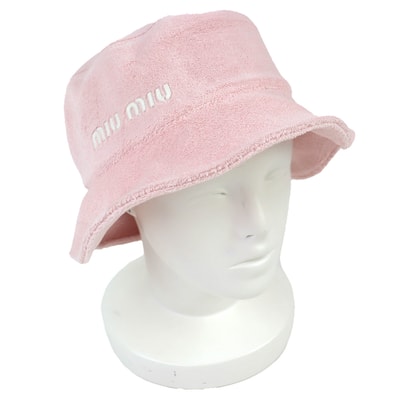 極美品 ミュウミュウ ロゴ刺繍 パイル バケットハット ピンク M 5HC196