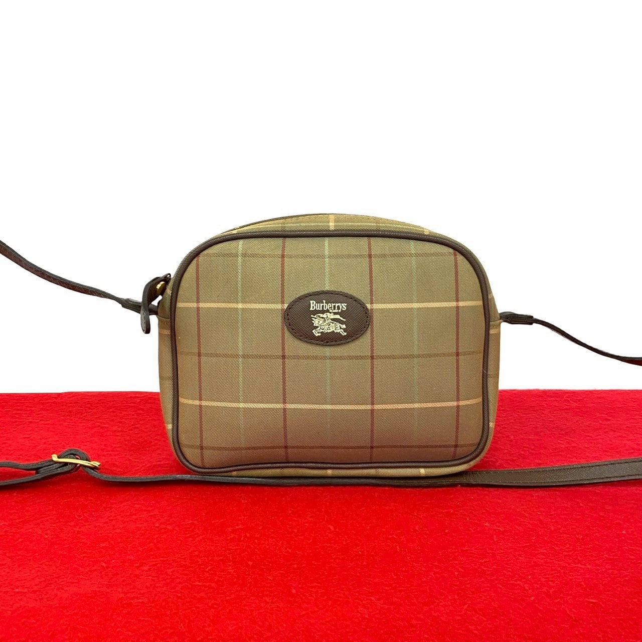 BURBERRY バーバリー ノバチェック 柄 シャドーホース ロゴ レザー キャンバス ショルダーバッグ カーキ
 32923