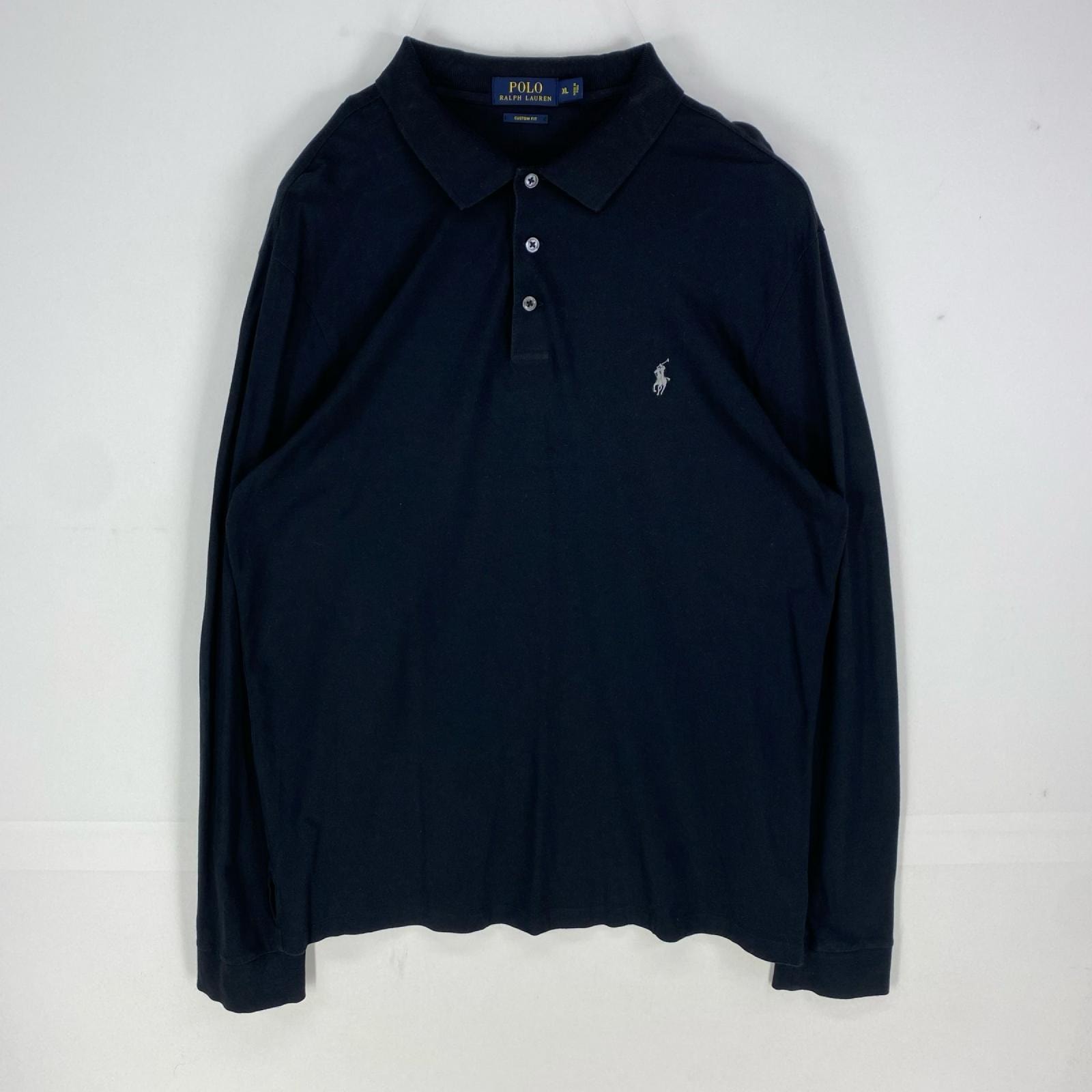 古着 ポロ・ラルフローレン POLO RALPH LAUREN 鹿の子 長袖シャツ ワンポイント ロゴ刺繍 ポロシャツ XL  ブラック系 メンズ