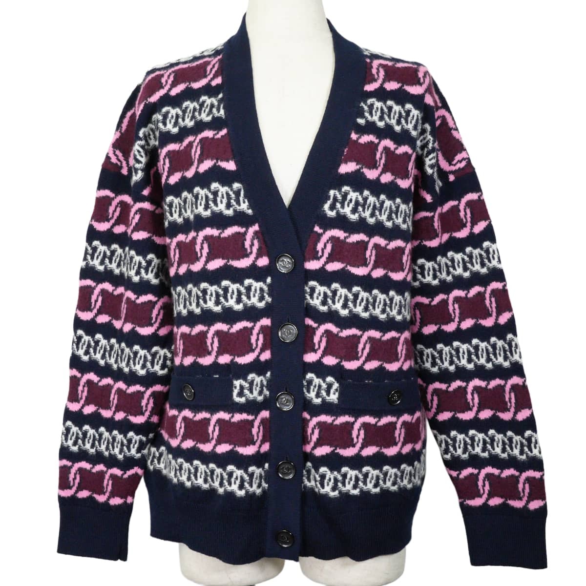 2023年秋冬 CHANEL シャネル カーディガン 長袖 ココマーク チェーンパターン ネイビー/白 (ホワイト)/ピンク カシミヤ #38 P75774 新品未使用