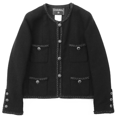 美品 シャネル リトルブラック ツイード COCOマークボタン ノーカラー ジャケット レディース ブラック 36 CHANEL