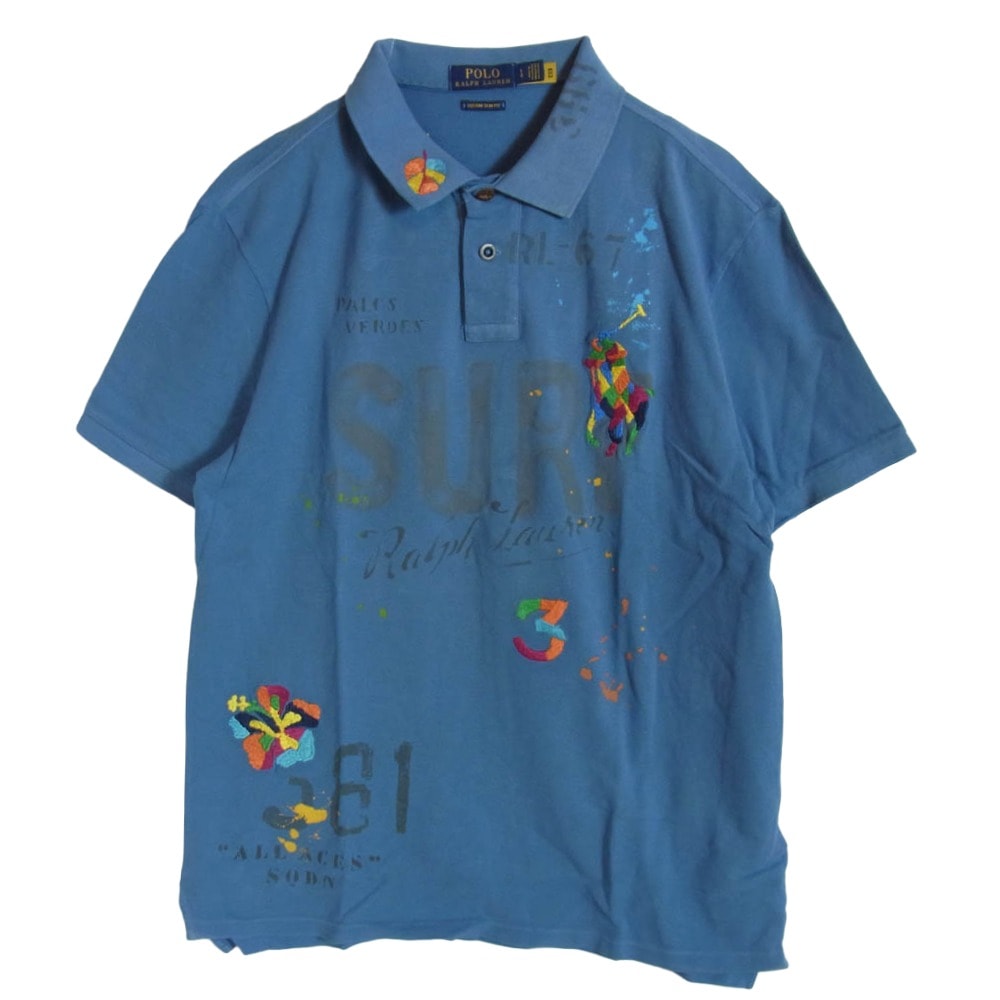 POLO RALPH LAUREN ポロ・ラルフローレン ポロシャツ CUSTOM SLIM FIT ヴィンテージ加工 トロピカル ポニー刺繍 ポロシャツ ブルー系 L【中古】