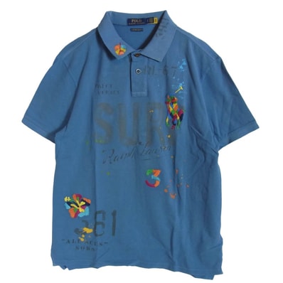 POLO RALPH LAUREN ポロ・ラルフローレン ポロシャツ CUSTOM SLIM FIT ヴィンテージ加工 トロピカル ポニー刺繍 ポロシャツ ブルー系 L【中古】