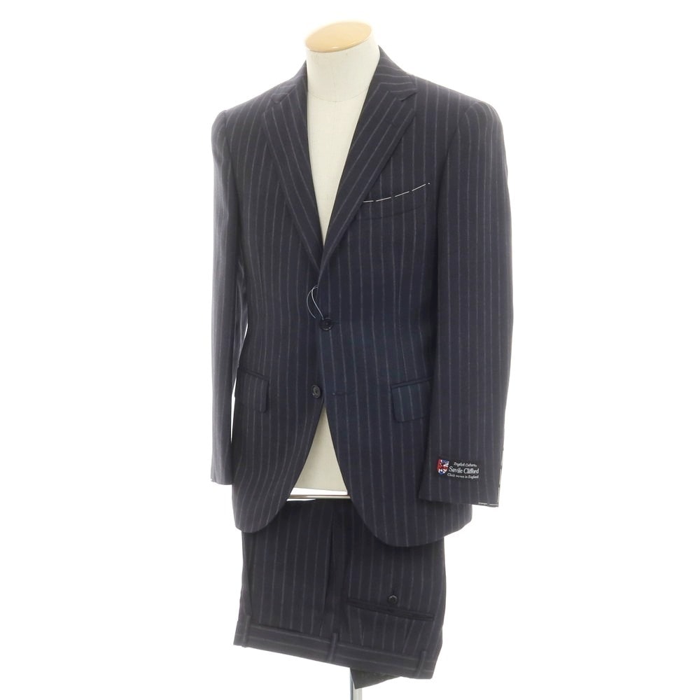 【中古】ビームスエフ BEAMS F サマーウール ストライプ 3つボタンスーツ ダークネイビーxグレー【サイズ90】【メンズ】