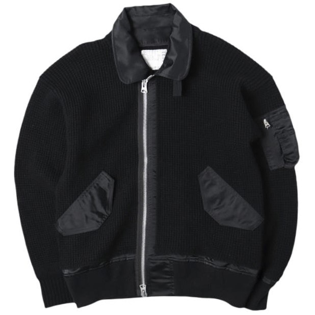 sacai サカイ 21AW 日本製 Wool Knit Blouson ニットドッキングMA-1ジャケット 21-02631M  1 BLACK ブルゾン アウター g27570