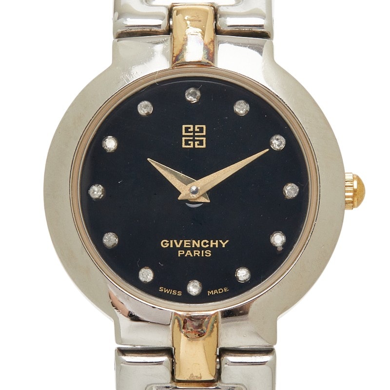 ジバンシー 12Pダイヤ 2針 腕時計 クオーツ ブラック文字盤 ステンレススチール レディース Givenchy 【中古】