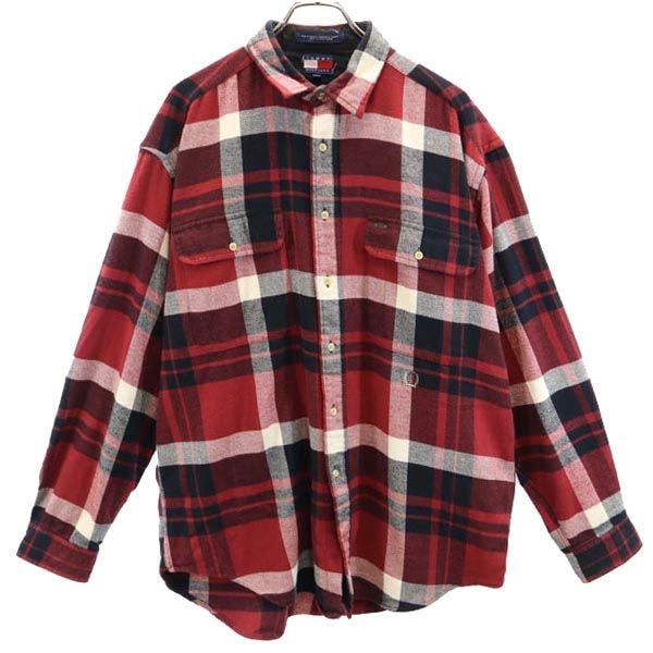 TOMMY HILFIGER トミーヒルフィガー 90s オールド フラッグタグ チェック柄 長袖 ネルシャツ L ボルドー系