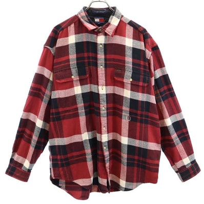 TOMMY HILFIGER トミーヒルフィガー 90s オールド フラッグタグ チェック柄 長袖 ネルシャツ L ボルドー系