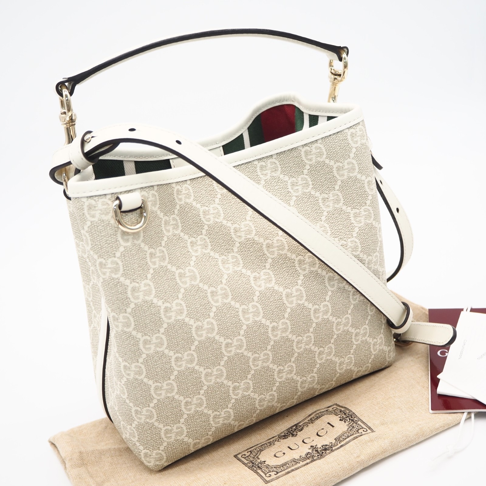 極美品 GUCCI グッチ GGエンブレム スモール バケットバッグ 815118 ショルダーバッグ ベージュ ホワイト コーティングキャンバス レザー レディース