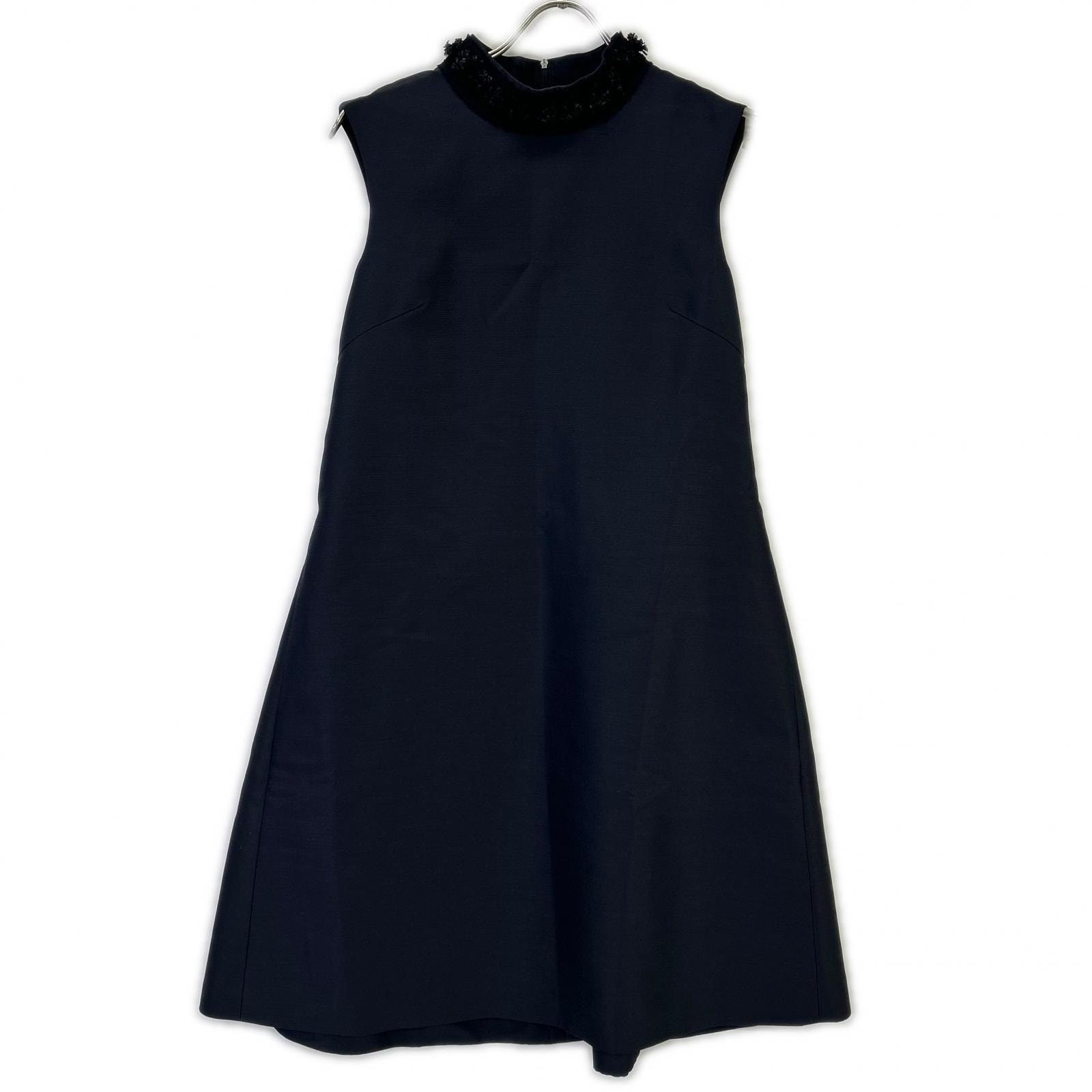 フォクシー 40733 ネイビー  ウール×シルク バックジップ ノースリーブドレスワンピース 38