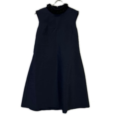 フォクシー 40733 ネイビー ウール×シルク バックジップ ノースリーブドレスワンピース 38