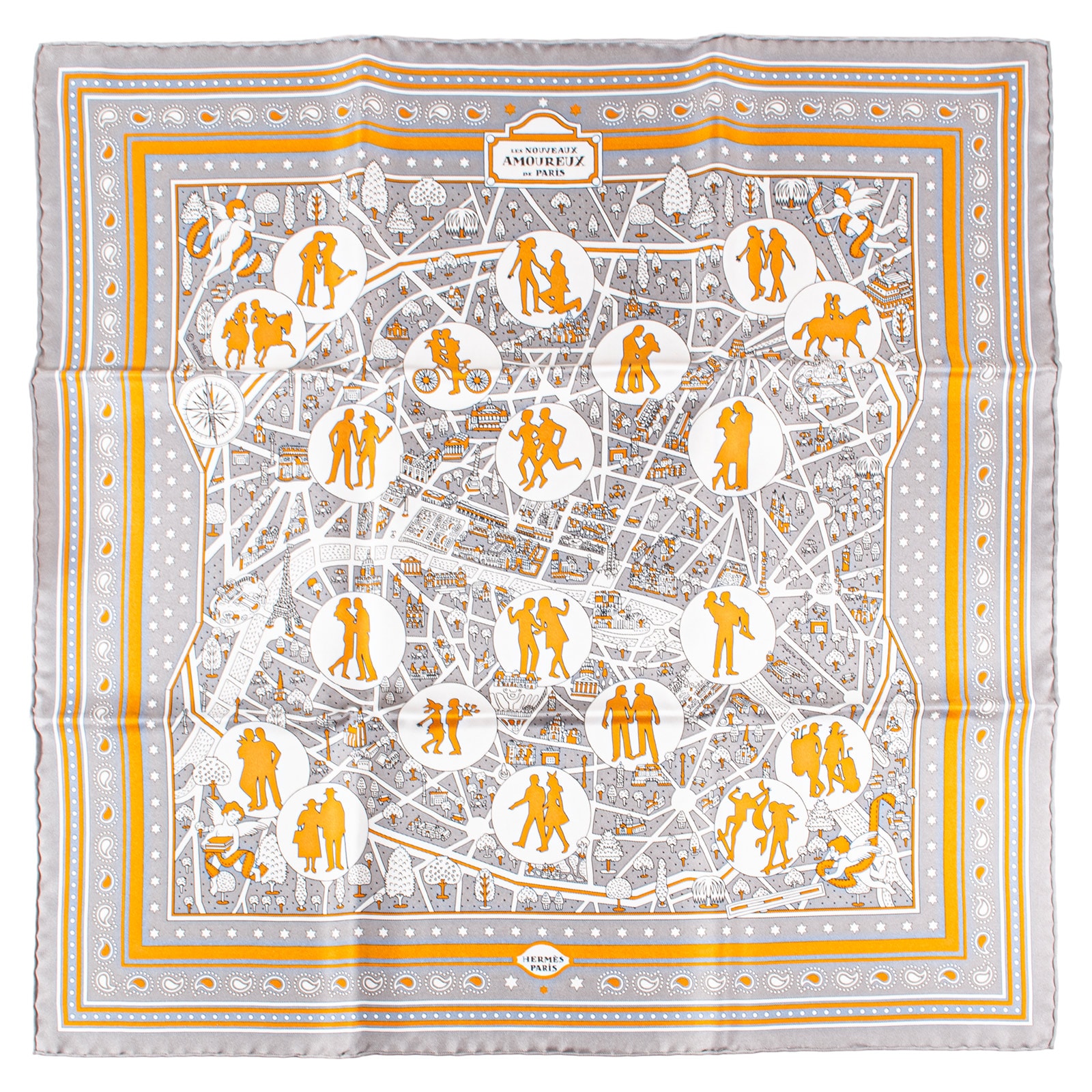HERMES エルメス スカーフ カレ55 シルクバンダナ Les Nouveaux Amoureux de Paris Bandana 新パリの恋人たち バンダナ 043695S 06 2022SS シルク グレー イエロー【中古】