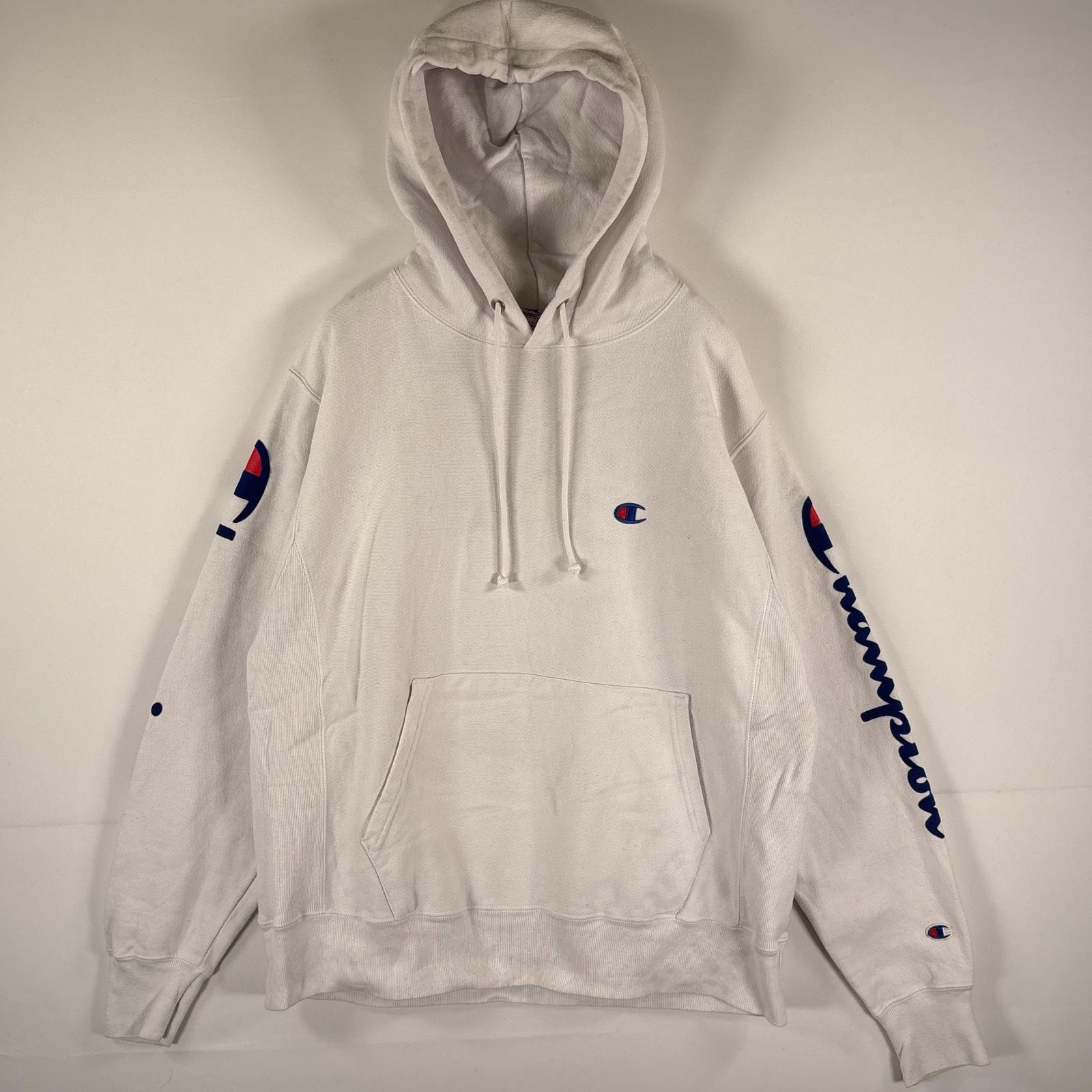 古着 チャンピオン Champion パーカー リバースウィーブ ワンポイント ロゴ刺繍 フーディー パーカー MEDIUM(JPN XL)  ホワイト メンズ