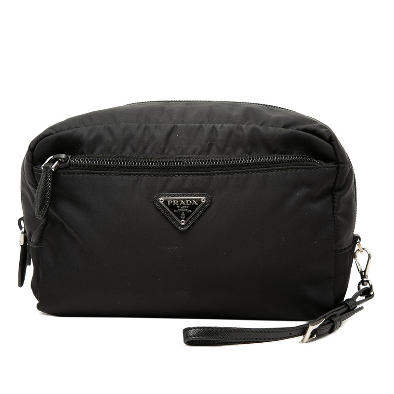 프라다 트라이앵글 로고 플레이트 파우치 1NE393 블랙 나일론 가죽 여성 PRADA [중고]