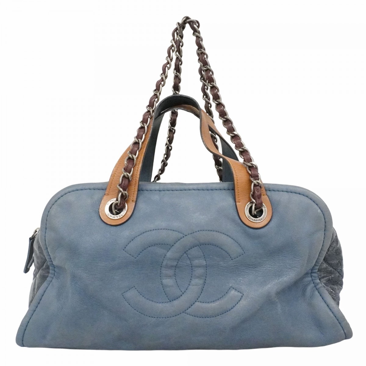 【6da0604】シャネル ハンドバッグ マトラッセ チェーンショルダー レザー ブルー ブラウン シルバー金具 2wayバッグ【中古】レディース