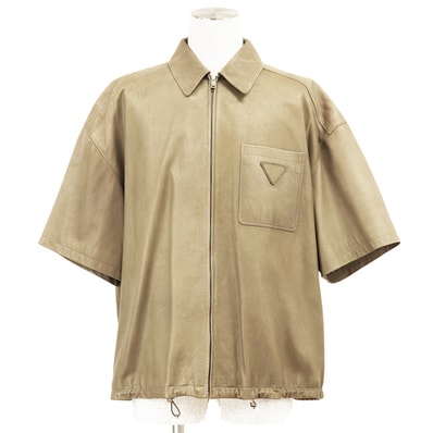 PRADA プラダ ジャケット レザー サイズ 54 メンズ 2023年製 ロゴ トライアングル ジップアップ ショートスリーブ 半袖 ラムスキン アウター ベージュ イタリア製
