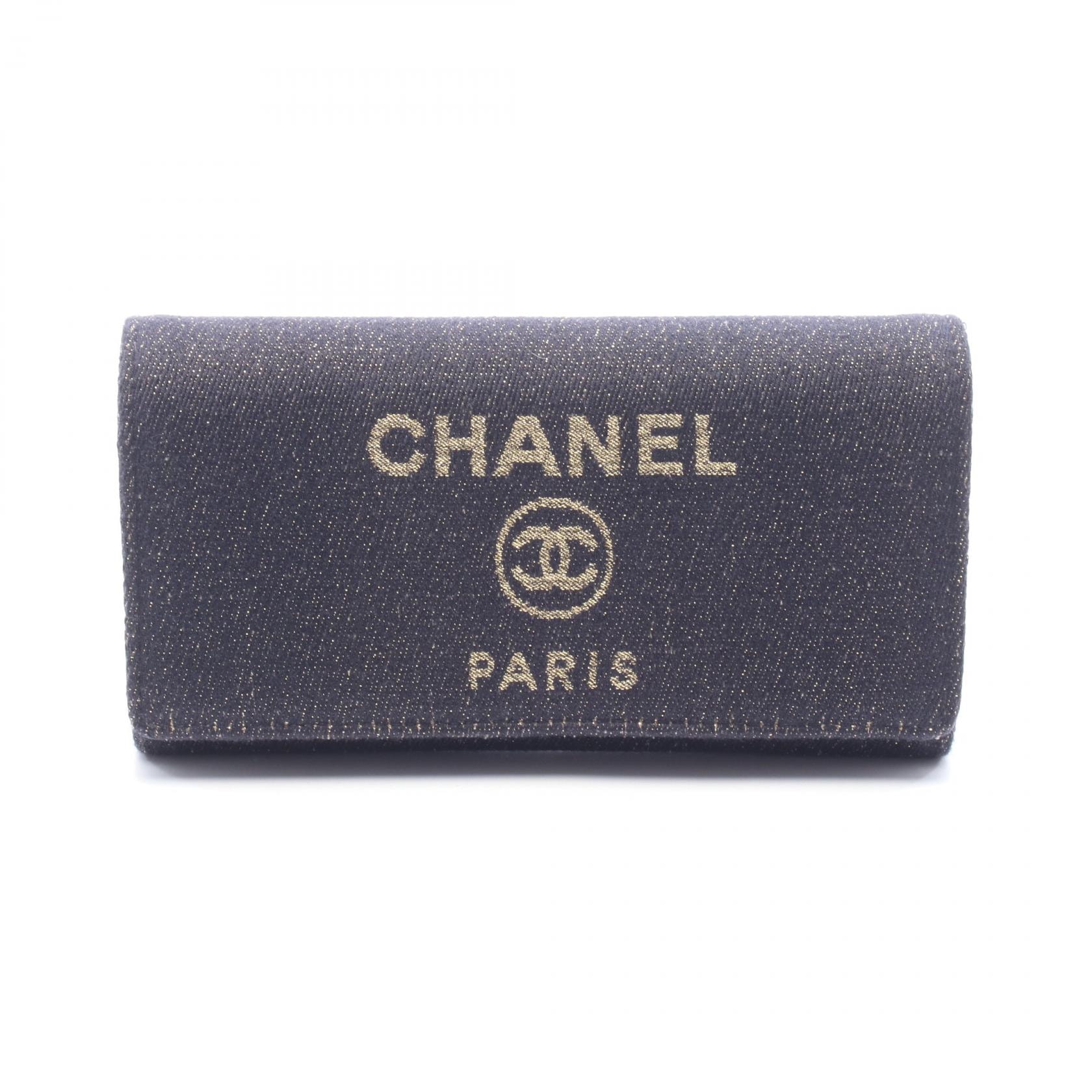 シャネル CHANEL ドーヴィル ロングフラップウォレット ラメ 二つ折り長財布 財布 キャンバス レザー レディース ネイビー系 / ゴールド系 【中古】