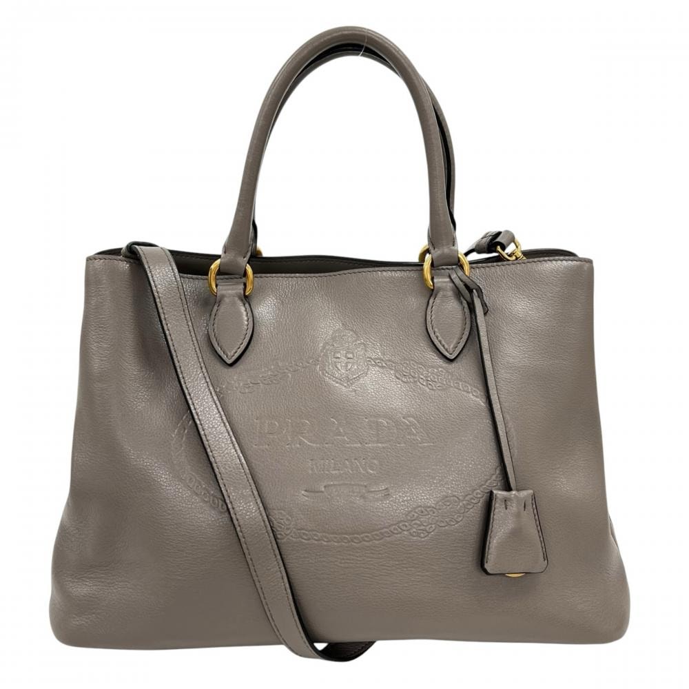PRADA プラダ 2WAY エンボスロゴ ハンドバッグ ショルダーバッグ 斜め掛け 1BA579 レザー    グレージュ ゴールド金具 レディース【中古品】