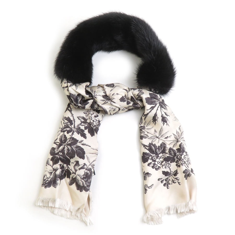 グッチ GUCCI ストール スカーフ シルク/ミンク ライトベージュ×ブラック レディース【中古】 h32049a