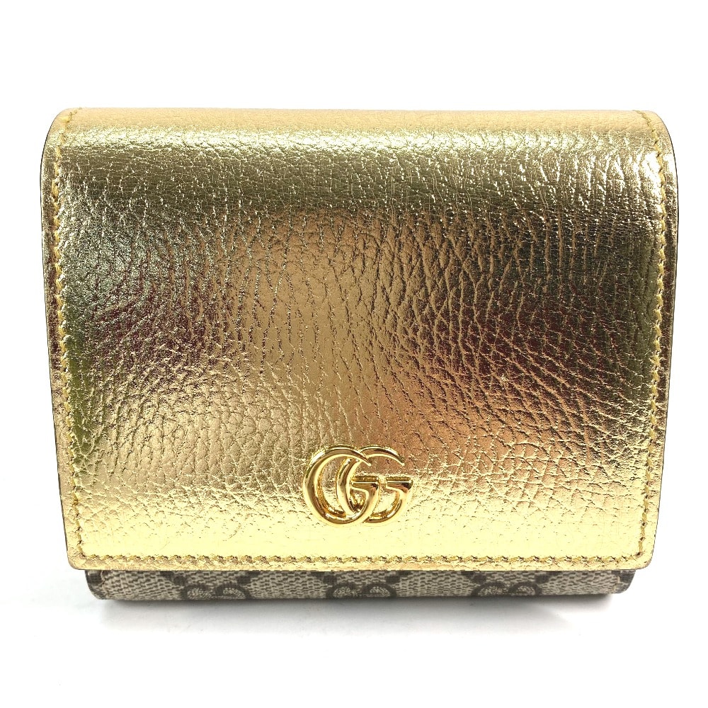グッチ GUCCI GGマーモント 598587 コンパクトウォレット 2つ折り財布 レザー ゴールド 美品
