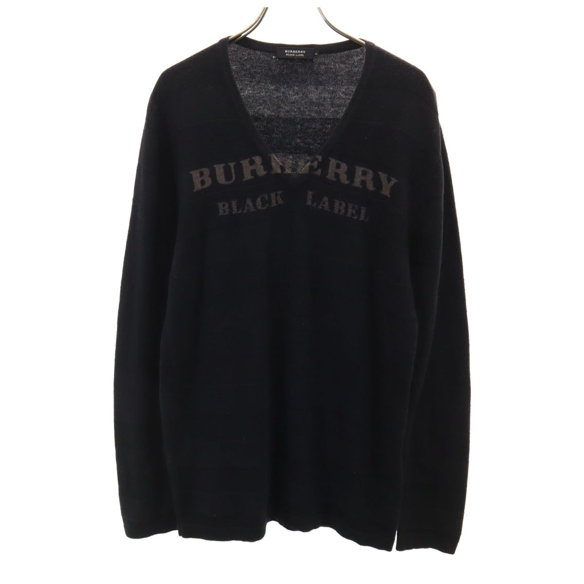 BURBERRY BLACK LABEL バーバリーブラックレーベル ボーダー柄 長袖 Vネック ニット 2 ブラック 三陽商会