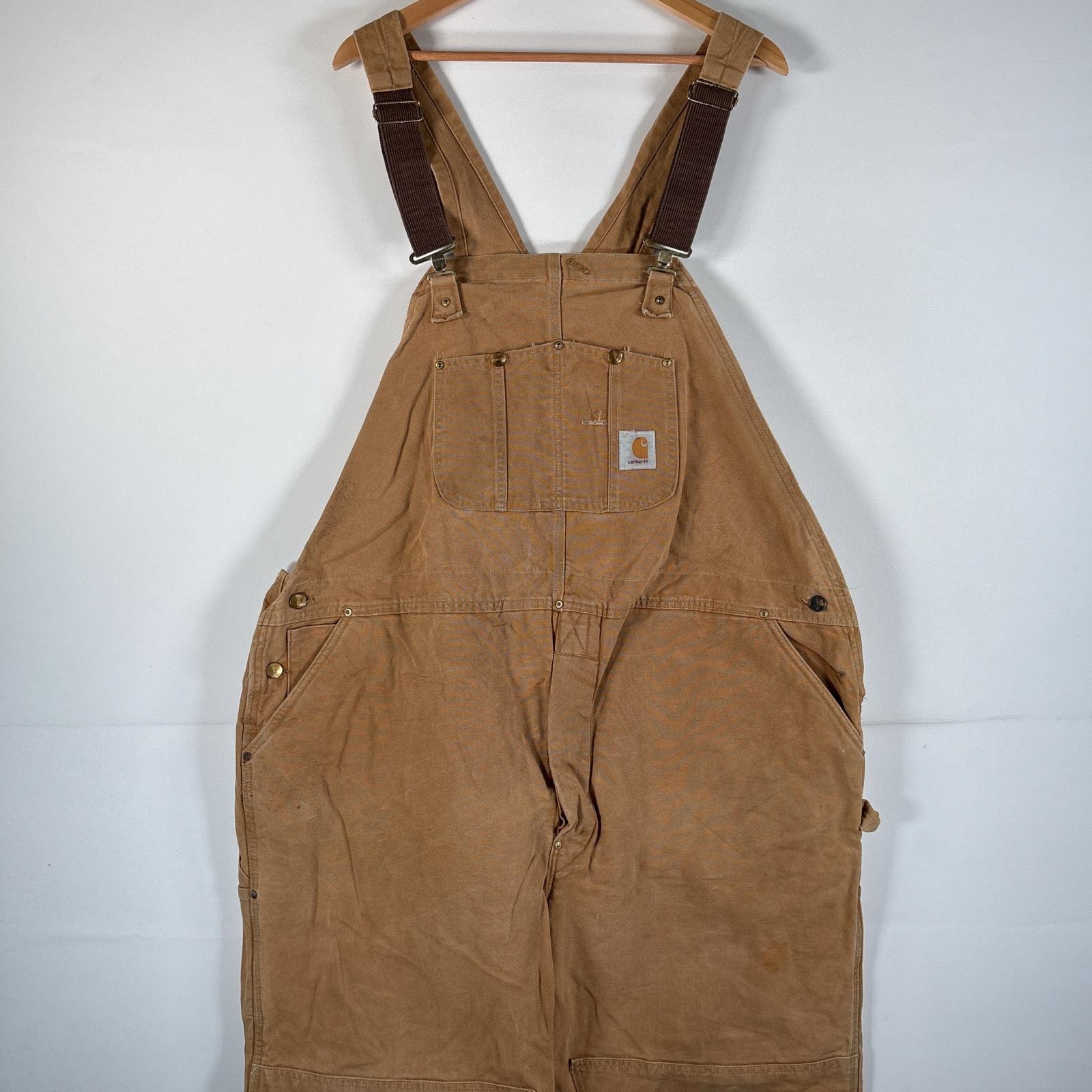 古着 カーハート Carhartt オーバーオール ダック ワンポイントロゴ サイドポケット ダブルニー 大きいサイズ キャメル メンズ