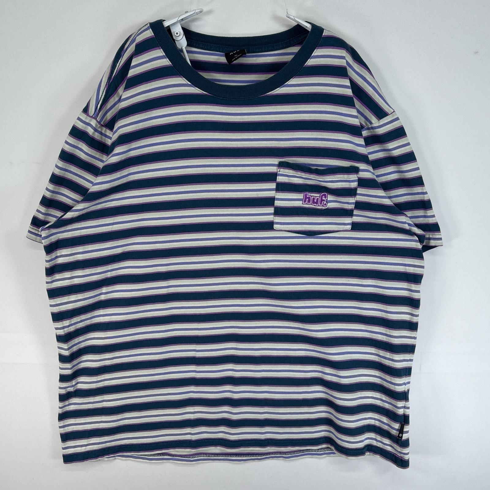 古着 ハフ HUF 半袖Tシャツ ボーダー 胸ポケ ワンポイント ロゴ XL グリーン系 マルチカラー メンズ