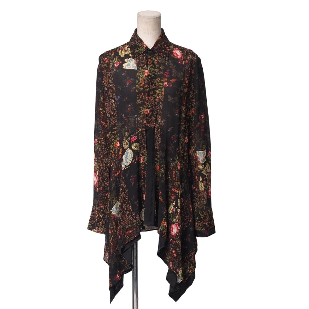 ■美品■TAKESHI KOSAKA by Y's Pink Label タケシコサカ バイ ワイズ ピンクレーベル ブラウス サイズ2 変形 シンメトリー シアー 花 総柄 長袖 シャツ ブランド古着【中古】20250924/RA6136