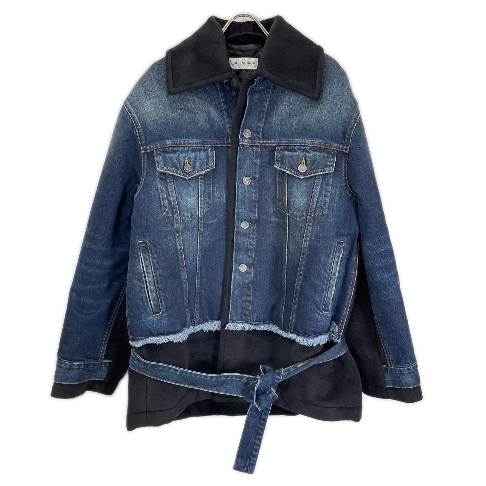 バレンシアガ 22FW ルーズフィット ブルーデニム フレイ&パッチワーク クロップドジャケット 34